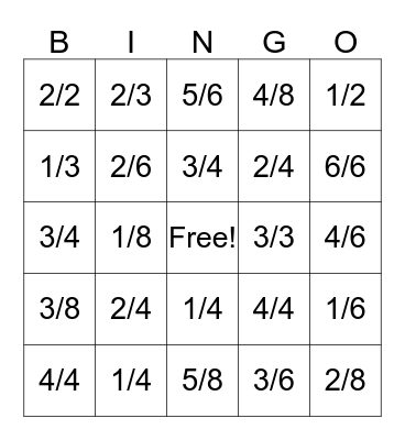 Fraction Bingo Card