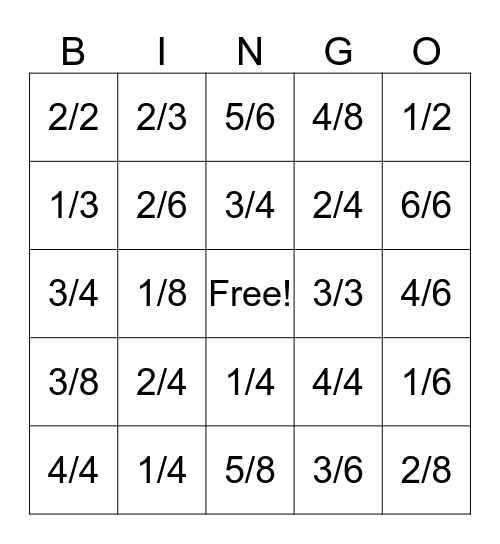 Fraction Bingo Card