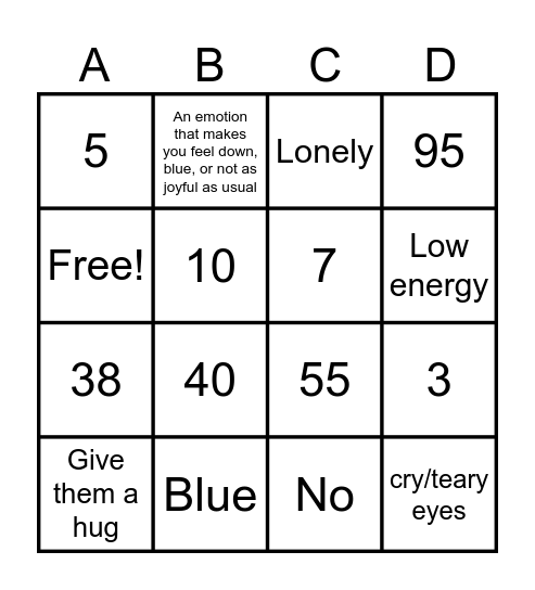 Sadness BINGO Card