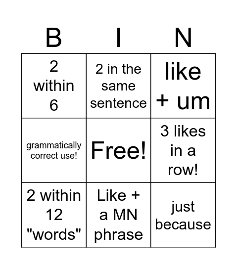 "Like" Bingo Card