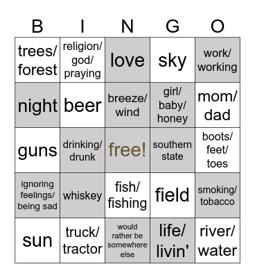 country xl Bingo Card