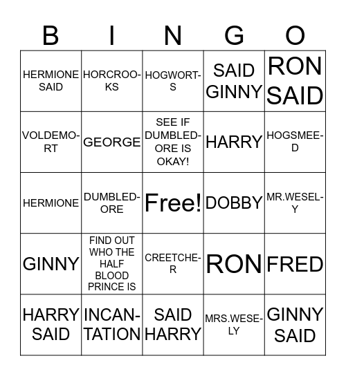 HARRY POTTER BINGO! Bingo Card