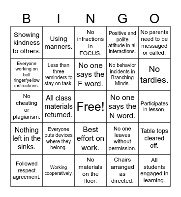 Class Behavior BINGO Card