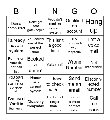 Cold Calling Bingo Card