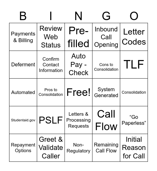 Servicing CCC Bingo Card