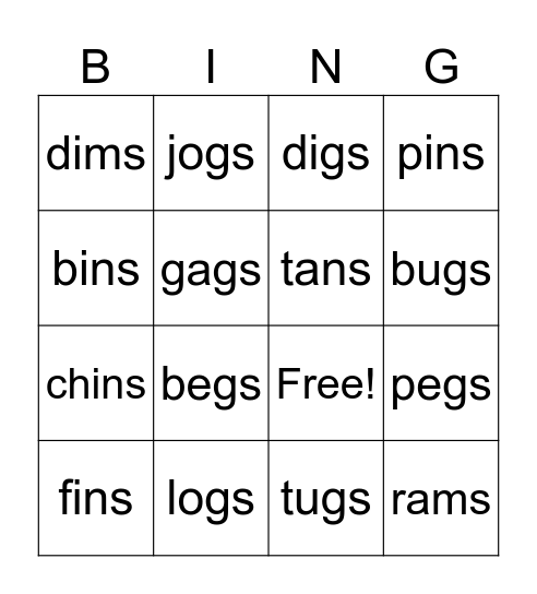 -s /z/ Bingo Card