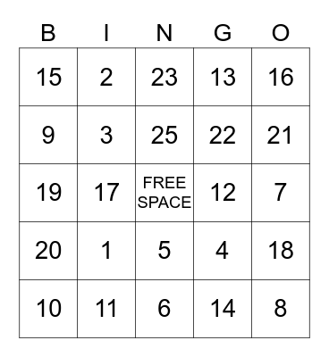 Number BINGO Card