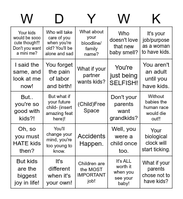 CHILDFREE BINGOS BINGO Card