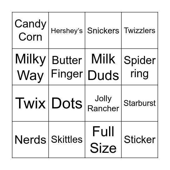 Halloween Candy Bingo Card