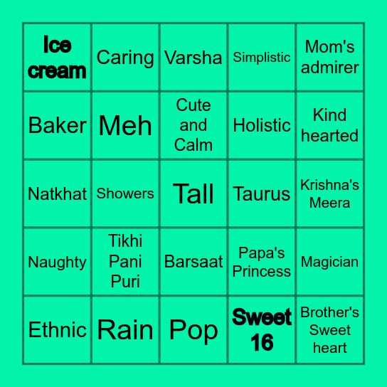 Vrushti's Sweet 16 Bingo Card