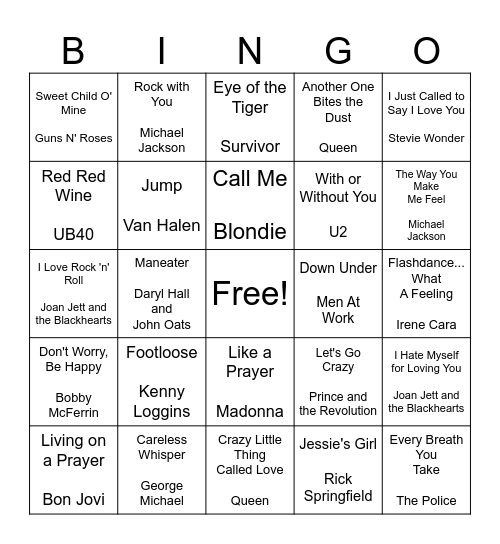 CFC 80's Music BINGO Card