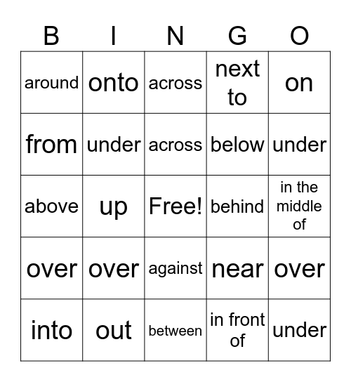 Preposition Bingo Card