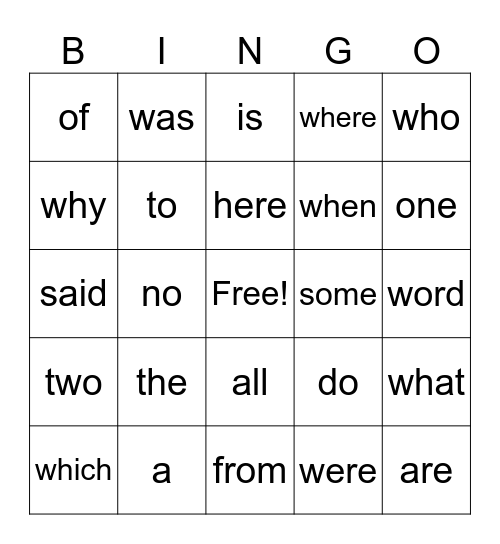 Tricky Word Bingo Card