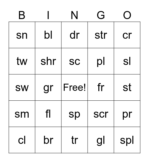 Consonant Blend Bingo Card