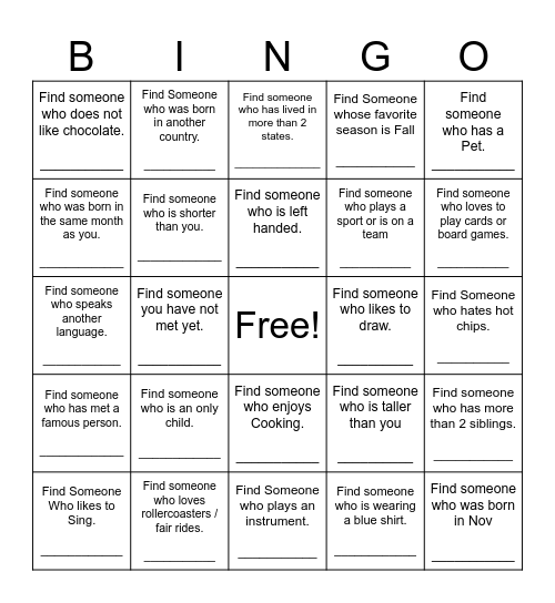 Find Someone Who Bingo Card