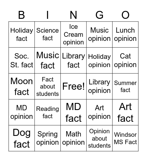 Facts vs Opinions Bingo Card