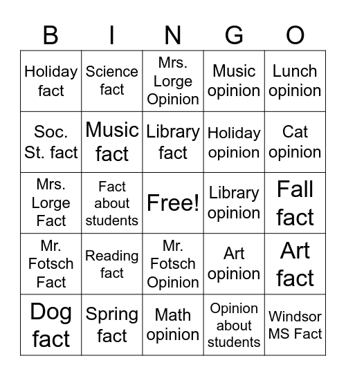Facts vs Opinions Bingo Card