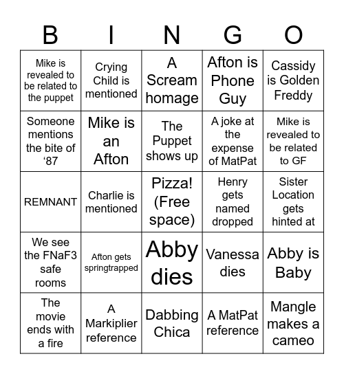 Fnaf movie bingo Card