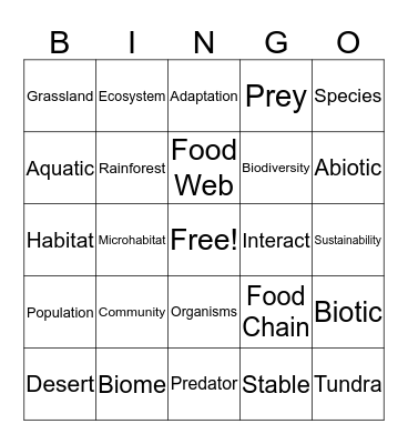 Biodiversity Bingo Card