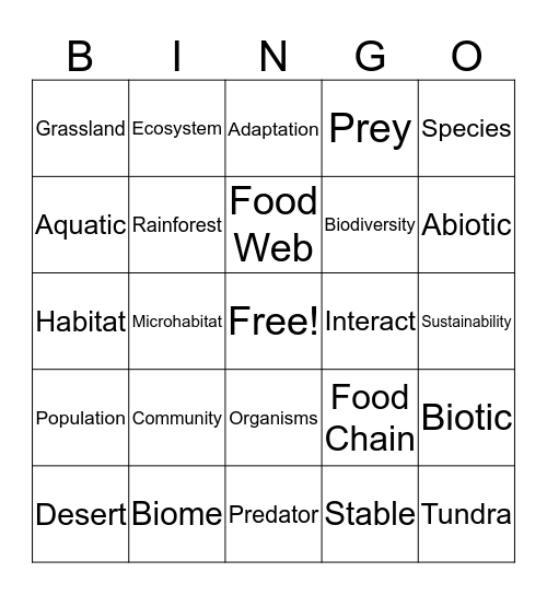 Biodiversity Bingo Card