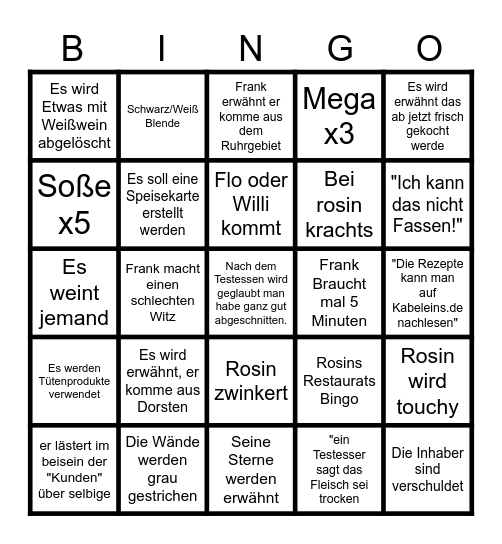 Rosins Restaurant Bingo Card