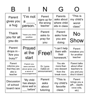 Parent Teacher Conference Bingo Card
