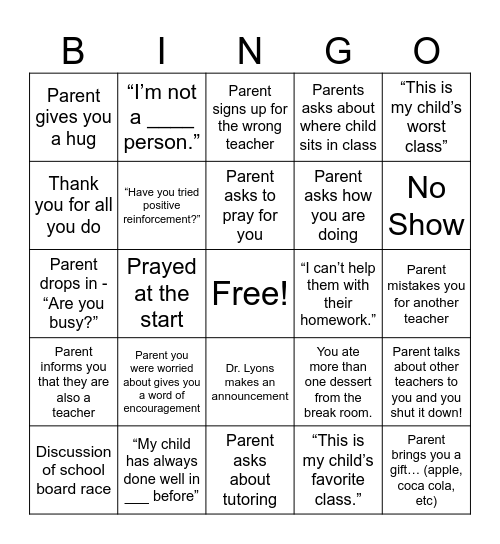 Parent Teacher Conference Bingo Card