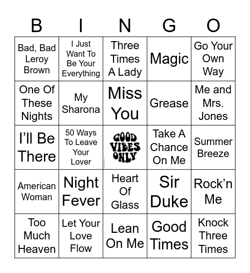 70s Good Vibes Bingo Card