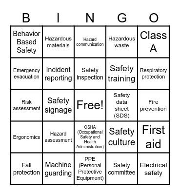 Safety Bingo Card