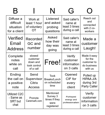 Customer Service Bingo Card