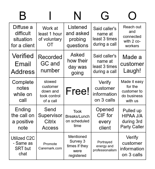 Customer Service Bingo Card