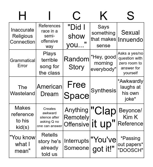 HICKS BINGO Card