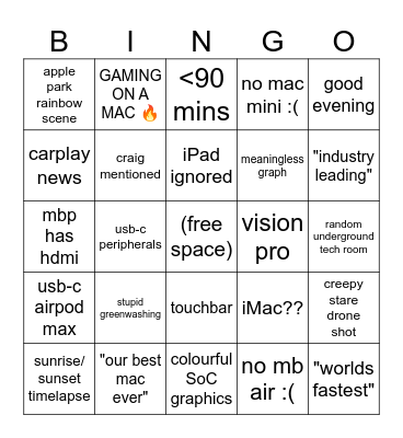 Apple Event October 30 Bingo Card