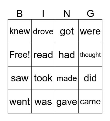 Past Tense Verbs Bingo Card