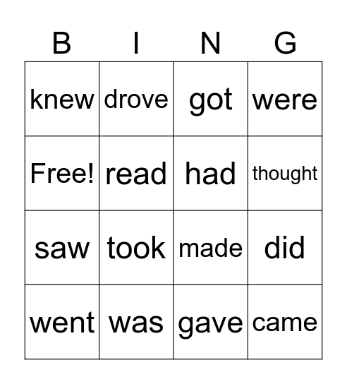 Past Tense Verbs Bingo Card