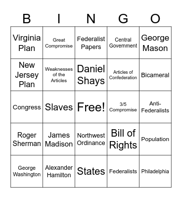 Articles of Confederation Bingo Card