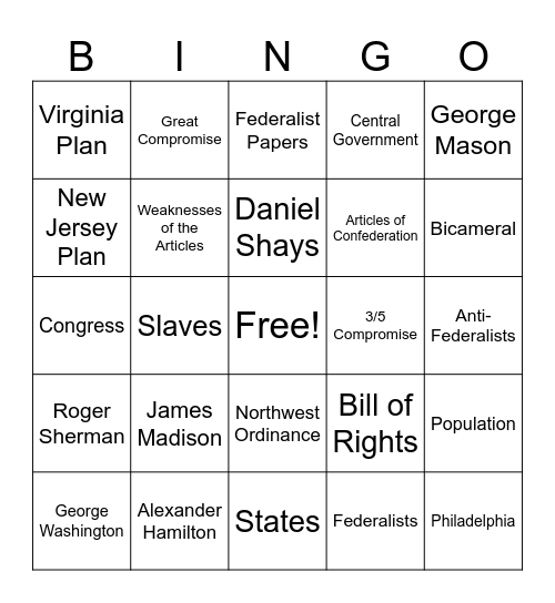 Articles of Confederation Bingo Card