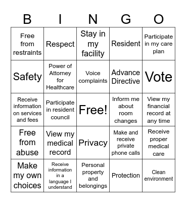 Resident Rights Bingo Card
