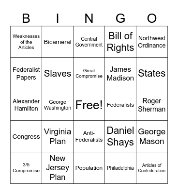 Articles of Confederation Bingo Card