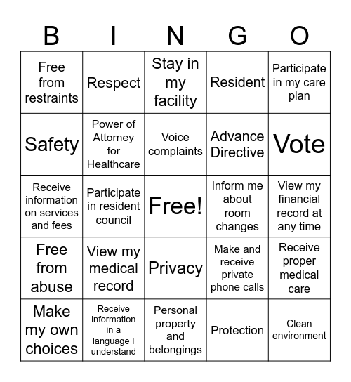 Resident Rights Bingo Card