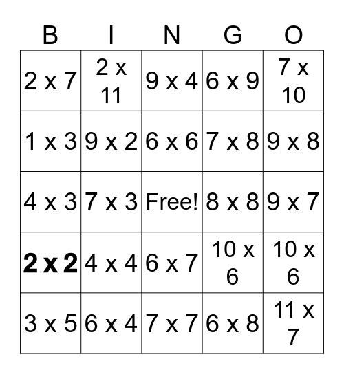 Multiplication Bingo Card