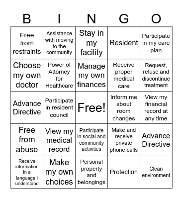 Resident Rights Bingo Card