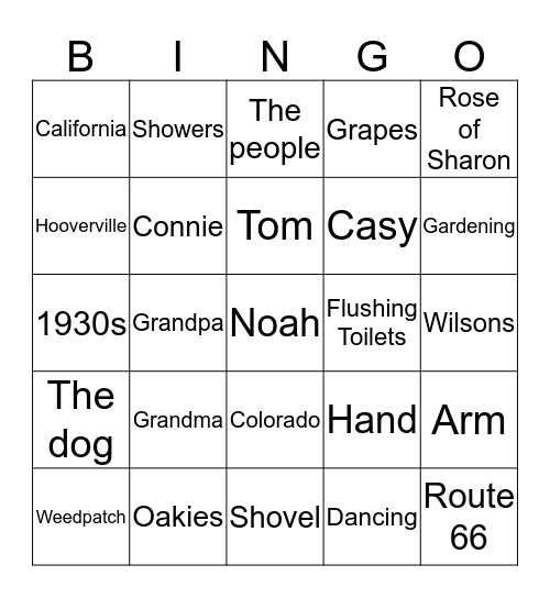 Grapes of Wrath Bingo Card