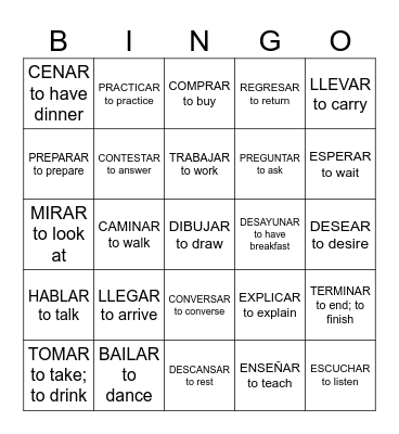 Spanish -ar verbs Bingo Card
