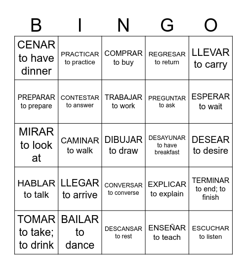 Spanish -ar verbs Bingo Card