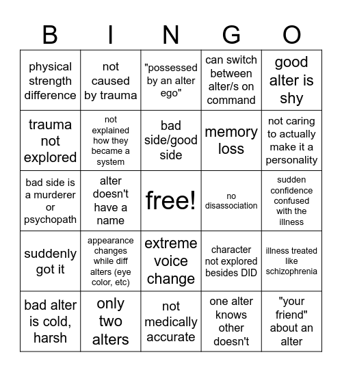 DID/split personality in media Bingo Card