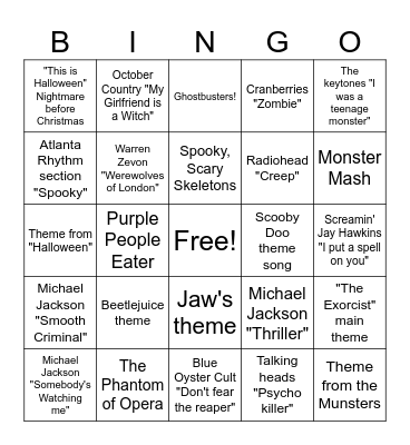 Halloween Music Bingo Card