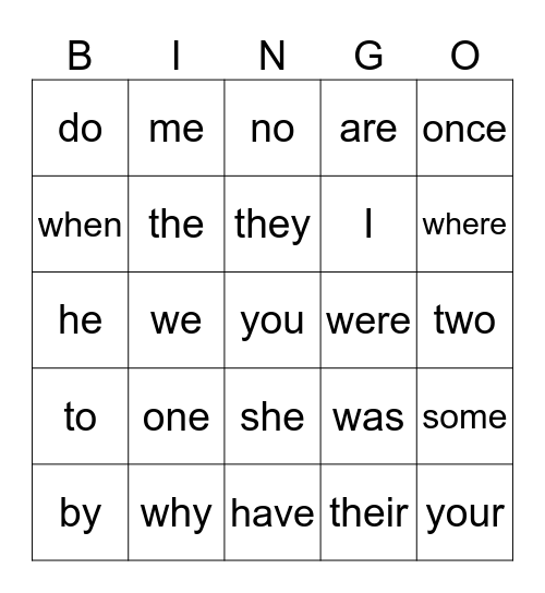 Tricky Word Bingo Card