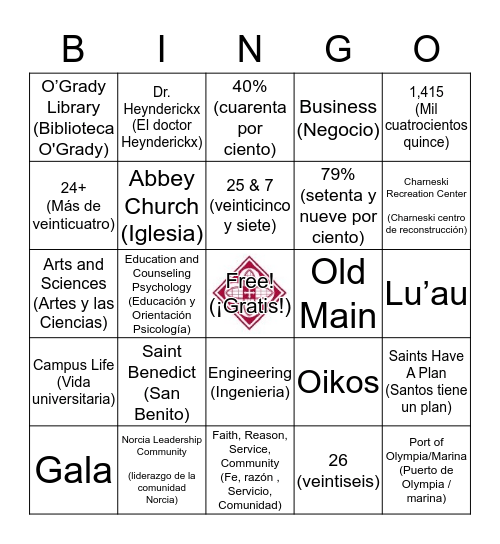 Benedictine Scholars Day Bingo Card