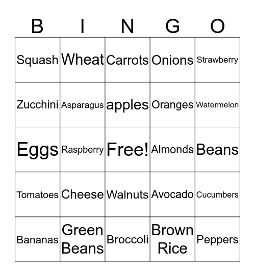 Healthy Foods Bingo Card